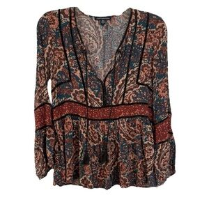 American Eagle Paisley Long Bell Sleeve Velvet Trim Blouse Multicolor Size XS